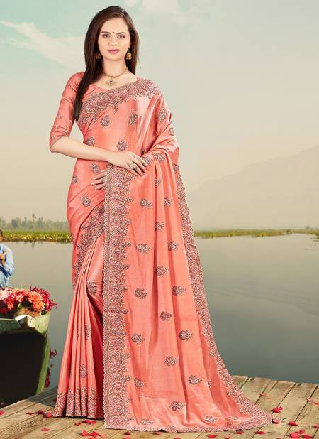 Peach Colour FIRSTCRY Designer Fancy Party Wear Chinon Heavy Resham Embroidery With Stone Work Saree Collection 5216